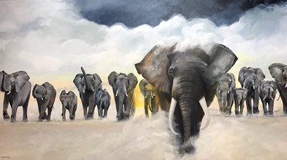 150x80 cm  | Acryl  | Elefanter i morgensol